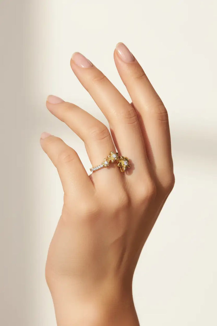 Hand wearing ring in natural light